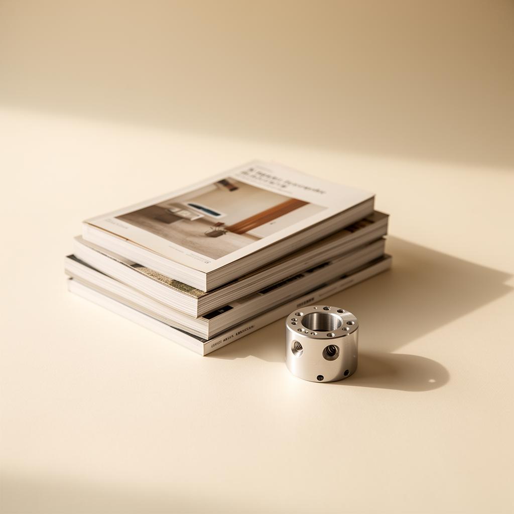 Editorial still of design books and a machined aluminium component on warm paper
