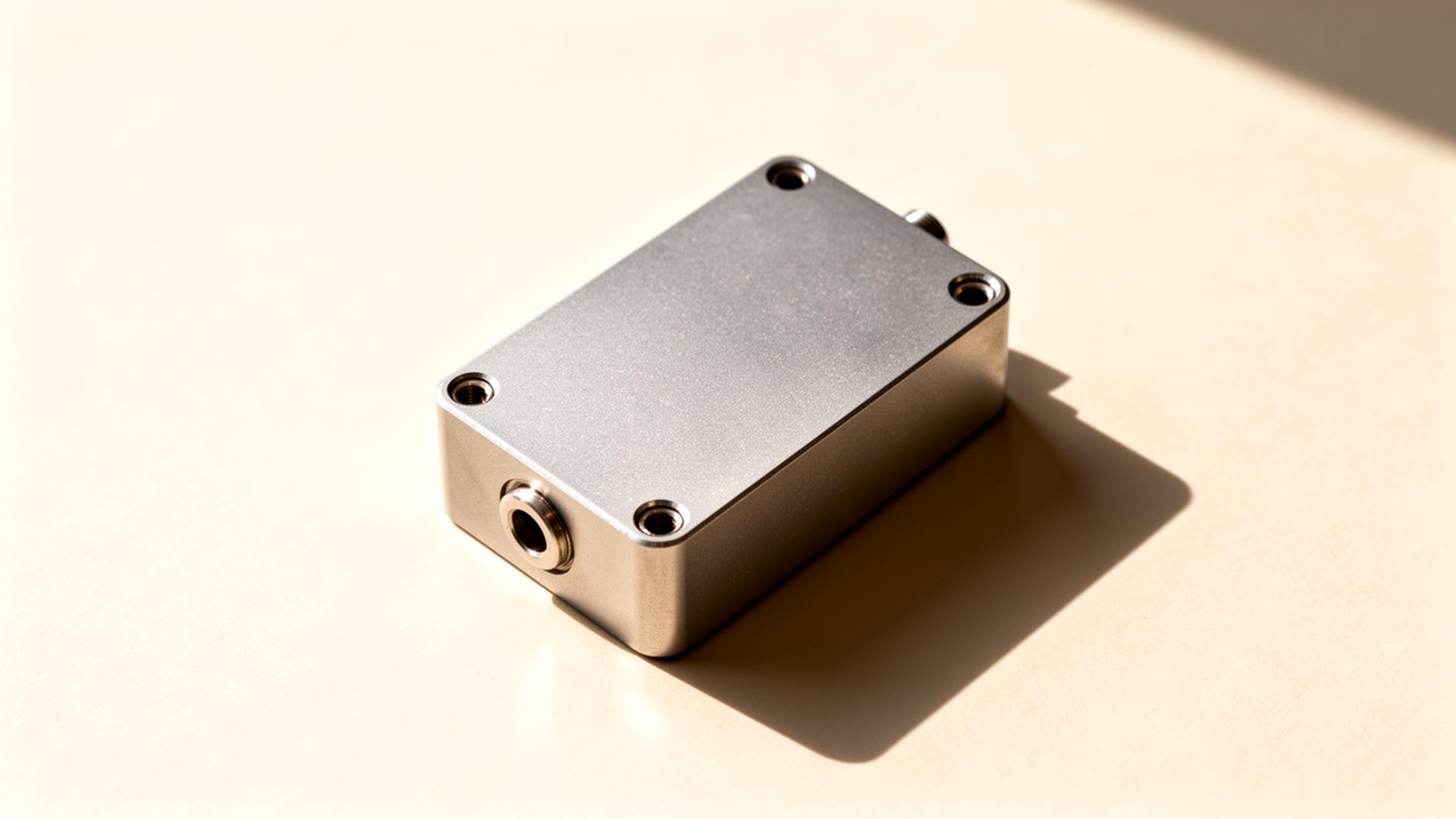 A precision-machined module on warm paper — Vative studio still life
