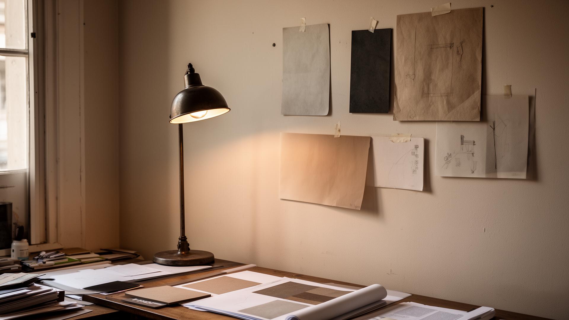 Inside the Vative studio — paper samples and a working lamp